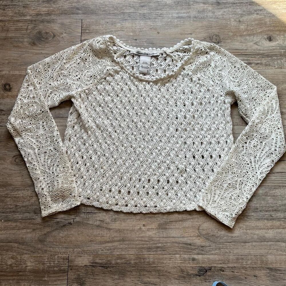 American Rag Cie Sweater Crochet Women's S Cream and White